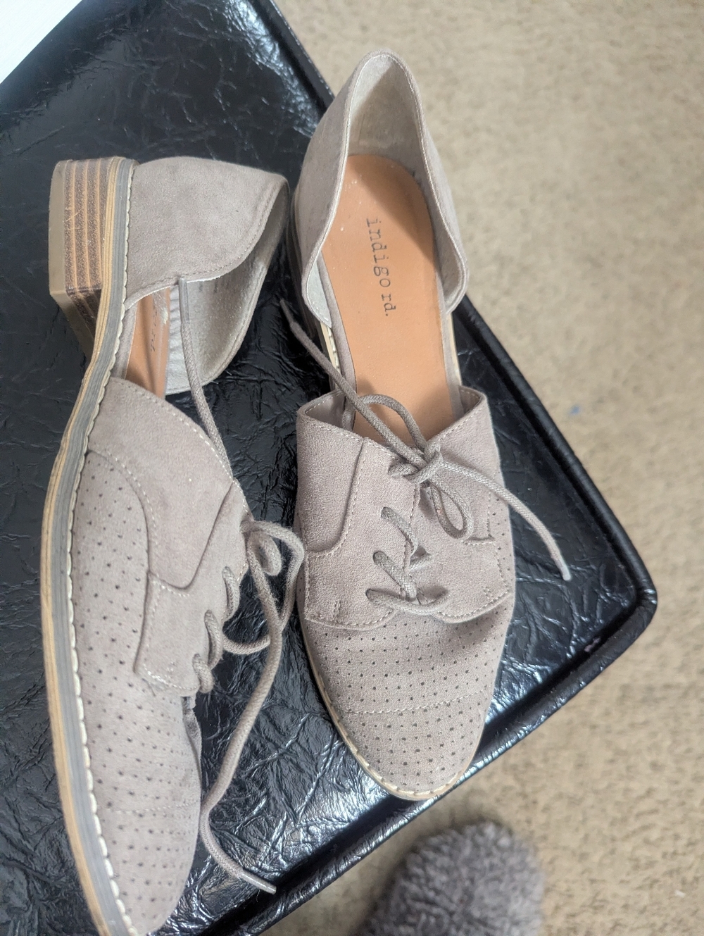 Indigo Rd  taupe suede perforated lace-up oxford flats